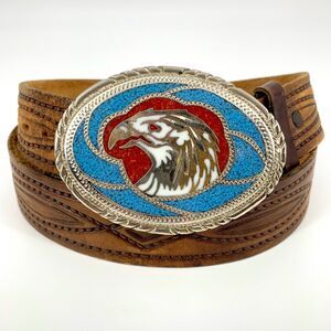 Handcrafted genuine leather southwestern tooled belt w/inlaid stone Eagle Buckle